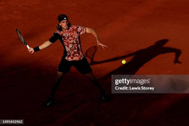 Stefanos Tsitsipas of Greece plays a forehand against Diego Schwartzman of Argentina during the Men's Singles Third Round match on Day Six of the...