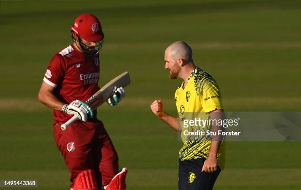 Durham bowler Ben Raine celebrates after dismissing Lancashire batsman Daryl Mitchell during the Vitality Blast T20 match between Durham Cricket and...