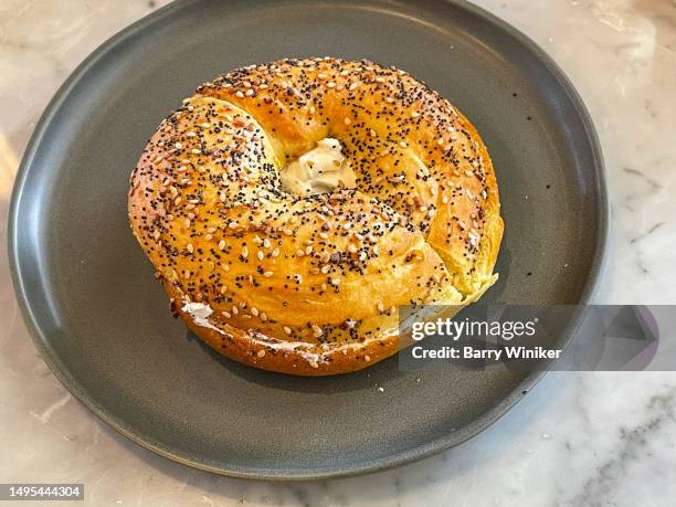 everything bagel with cream cheese - poppy seed stock pictures, royalty-free photos & images