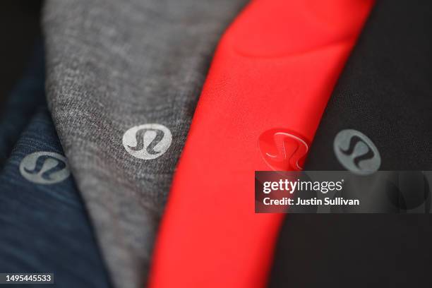 The Lululemon logo is displayed on athletic shorts on June 02, 2023 in San Anselmo, California. Shares of Lululemon stock surged Friday morning after...