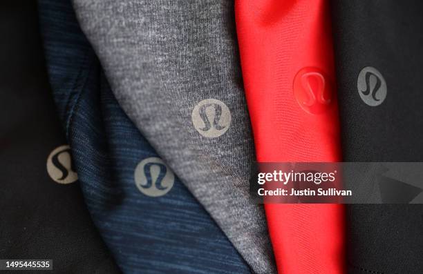 The Lululemon logo is displayed on athletic shorts on June 02, 2023 in San Anselmo, California. Shares of Lululemon stock surged Friday morning after...