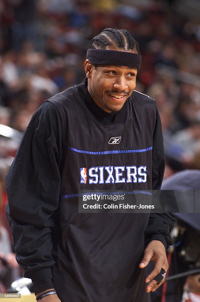 Allen Iverson #3 of the Philadelphia 76ers during pregame before tiping off against the Toronto Raptors