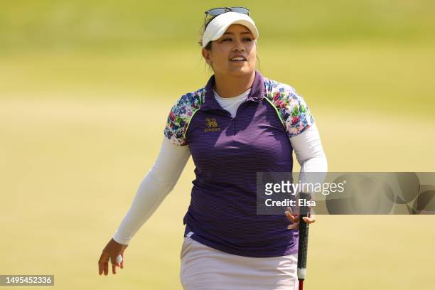 Jasmine Suwannapura of Thailand looks on from the ninth green during the second round of the Mizuho Americas Open at Liberty National Golf Club on...