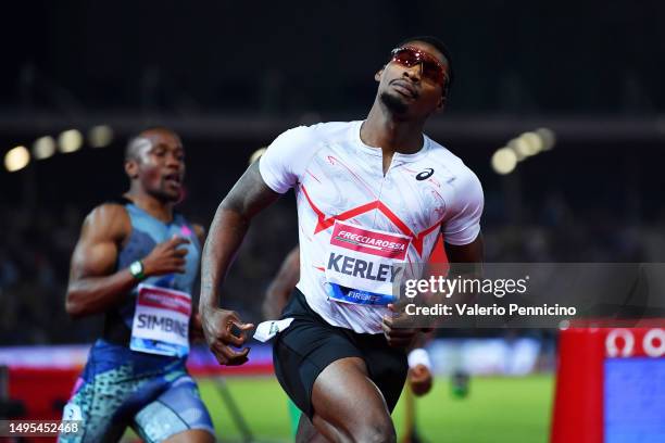 Fred Kerley of Team United States competes in the Men's 100m during the Golden Gala Pietro Mennea, part of the Diamond League series at Rodolfi...