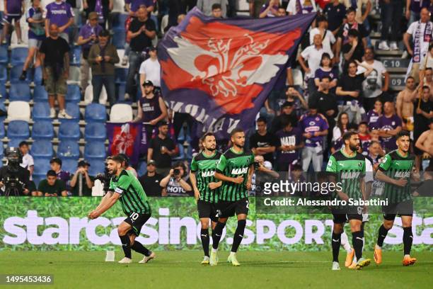 Domenico Berardi of US Sassuolo celebrates after scoring the team's first goal from the penalty spot during the Serie A match between US Sassuolo and...