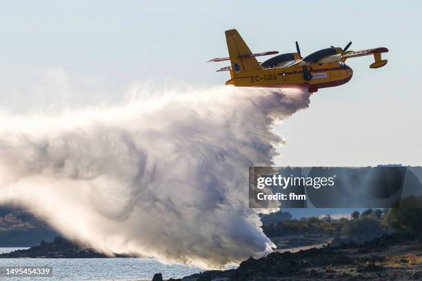 firefight plane against forest fire - draining water - distrikt castelo branco portugal stock-fotos und bilder