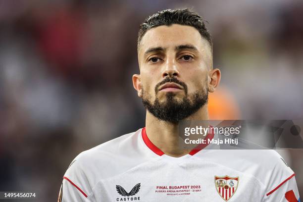Alex Telles of Sevilla FC during the UEFA Europa League 2022/23 final match between Sevilla FC and AS Roma at Puskas Arena on May 31, 2023 in...