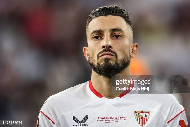 Alex Telles of Sevilla FC during the UEFA Europa League 2022/23 final match between Sevilla FC and AS Roma at Puskas Arena on May 31, 2023 in...