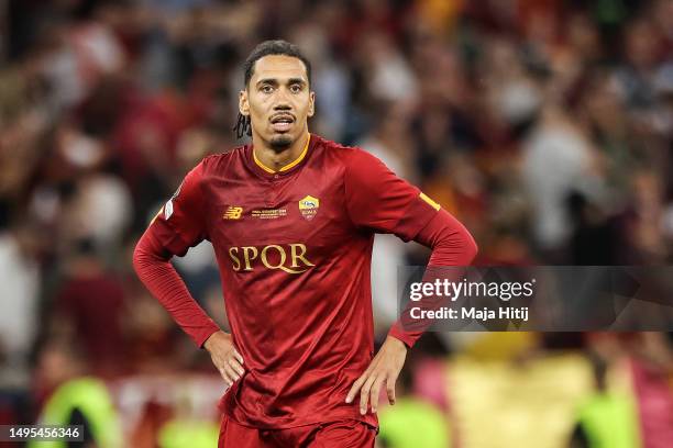 Chris Smalling of AS Roma looks on during the UEFA Europa League 2022/23 final match between Sevilla FC and AS Roma at Puskas Arena on May 31, 2023...