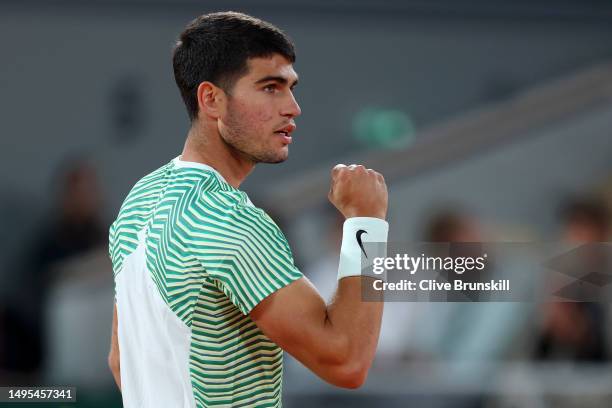 Carlos Alcaraz of Spain celebrates against Denis Shapovalov of Canada during the Men's Singles Third Round match on Day Six of the 2023 French Open...