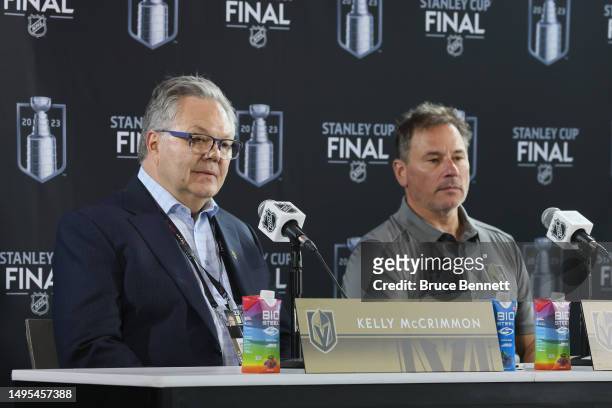 General Manager Kelly McCrimmon and head coach Bruce Cassidy of the Vegas Golden Knights speak with the media during Media Day for the 2023 NHL...