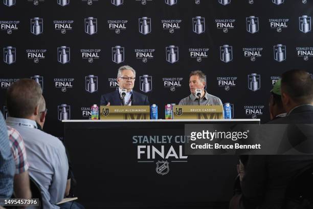 General Manager Kelly McCrimmon and head coach Bruce Cassidy of the Vegas Golden Knights speak with the media during Media Day for the 2023 NHL...
