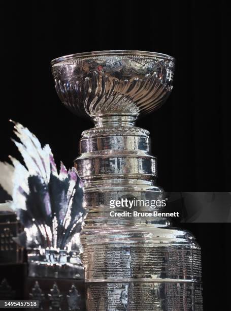The Stanley Cup was on display during Media Day for the 2023 NHL Stanley Cup Final between the Panthers and the Golden Knights at T-Mobile Arena on...