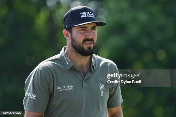 Mark Hubbard of the United States walks off the first tee during the second round of the Memorial Tournament presented by Workday at Muirfield...