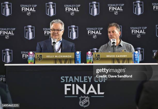 General Manager Kelly McCrimmon and head coach Bruce Cassidy of the Vegas Golden Knights speak during Media Day for the 2023 NHL Stanley Cup Final at...