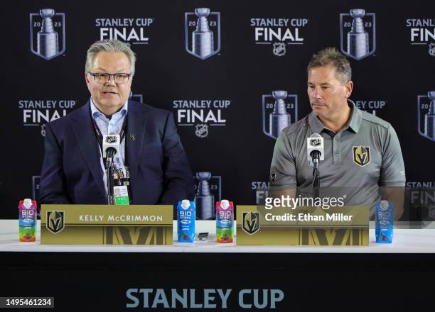 General manager Kelly McCrimmon and head coach Bruce Cassidy of the Vegas Golden Knights attend Media Day for the 2023 NHL Stanley Cup Final between...