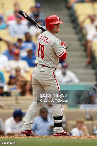 Mike Fontenot of the Philadelphia Phillies bats against the Los Angeles Dodgers in the 11th inning at Dodger Stadium on July 18, 2012 in Los Angeles,...