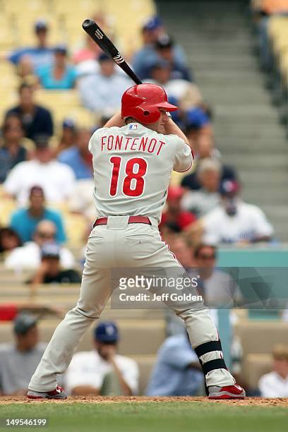 Mike Fontenot of the Philadelphia Phillies bats against the Los Angeles Dodgers in the 11th inning at Dodger Stadium on July 18, 2012 in Los Angeles,...
