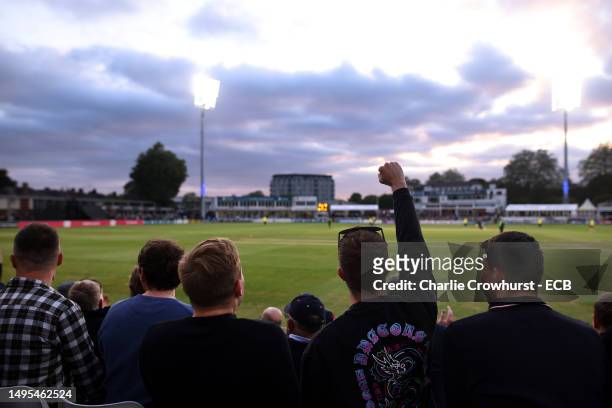 Spectators enjoy the action during the Vitality Blast T20 match between Essex and Hampshire Hawks at The Cloud County Ground on June 02, 2023 in...