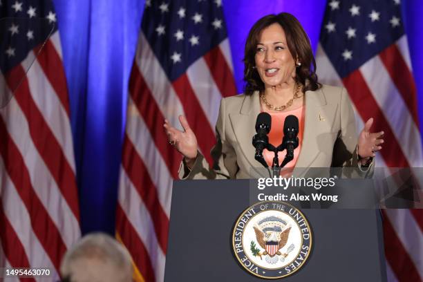 Vice President Kamala Harris speaks on gun violence during an event at John R. Lewis High School on June 2, 2023 in Springfield, Virginia. Vice...