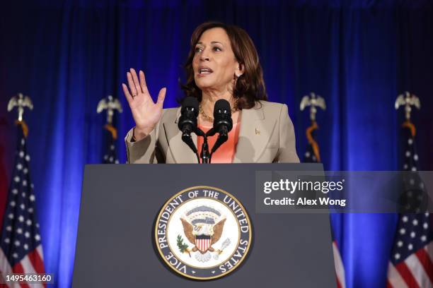 Vice President Kamala Harris speaks on gun violence during an event at John R. Lewis High School on June 2, 2023 in Springfield, Virginia. Vice...