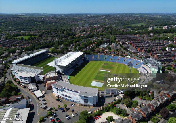 An aerial view of the Headingley Stadium complex, home of Leeds Rhinos Rugby League team and Yorkshire County Cricket Club on June 02, 2023 in Leeds,...