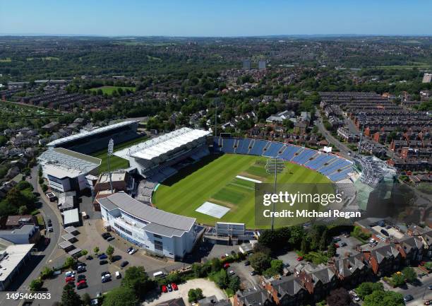 An aerial view of the Headingley Stadium complex, home of Leeds Rhinos Rugby League team and Yorkshire County Cricket Club on June 02, 2023 in Leeds,...