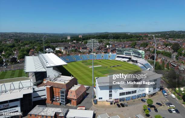 An aerial view of the Headingley Stadium complex, home of Leeds Rhinos Rugby League team and Yorkshire County Cricket Club on June 02, 2023 in Leeds,...