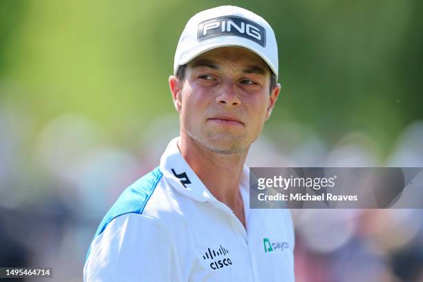 Viktor Hovland of Norway walks the 15th fairway during the second round of the Memorial Tournament presented by Workday at Muirfield Village Golf...