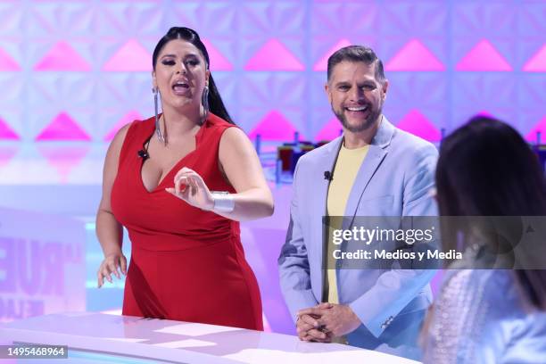 Curvy Zelma and Rafael Mercadante speak during the filming on the set of La Rueda de la Fortuna Show at Azteca Estudios on June 2, 2023 in Mexico...