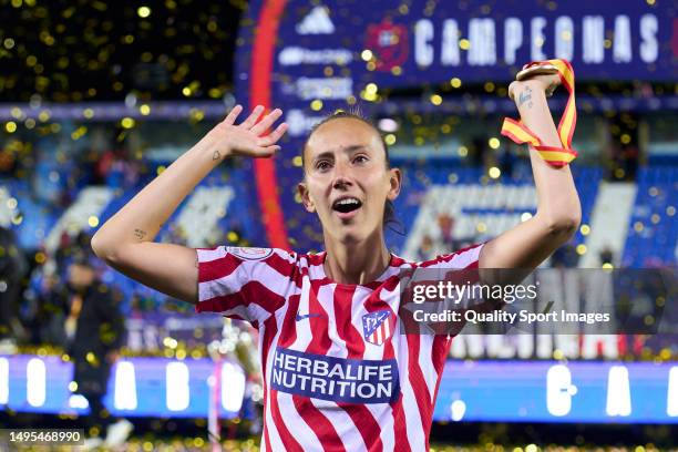 Virginia Torrecilla of Atletico de Madrid celebrates victory after the game during Copa de la reina Final match between Real Madrid and Atletico de...