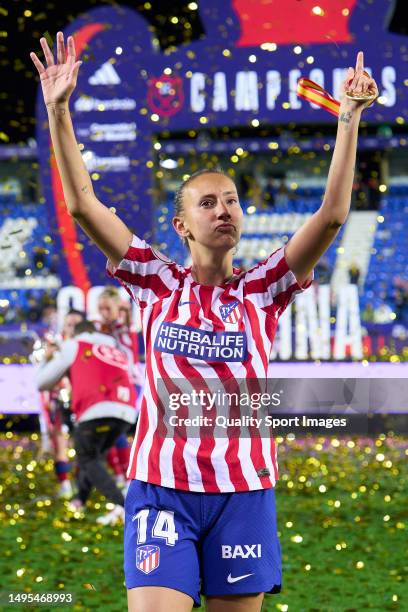 Virginia Torrecilla of Atletico de Madrid celebrates victory after the game during Copa de la reina Final match between Real Madrid and Atletico de...