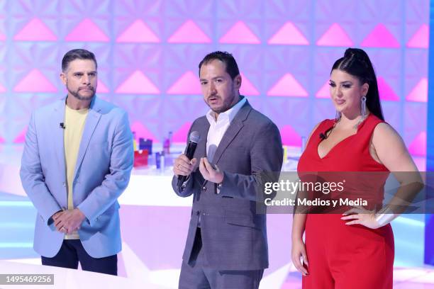 Rafael Mercadante, Adrián Ortega and Curvy Zelma attend the filming on the set of La Rueda de la Fortuna Show at Azteca Estudios on June 2, 2023 in...