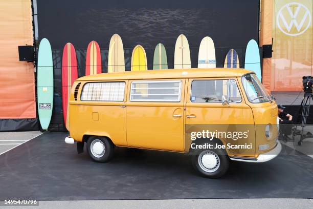 Classic Volkswagen bus is seen on display during the Volkswagen ID. Buzz Global Reveal on June 02, 2023 in Huntington Beach, California.