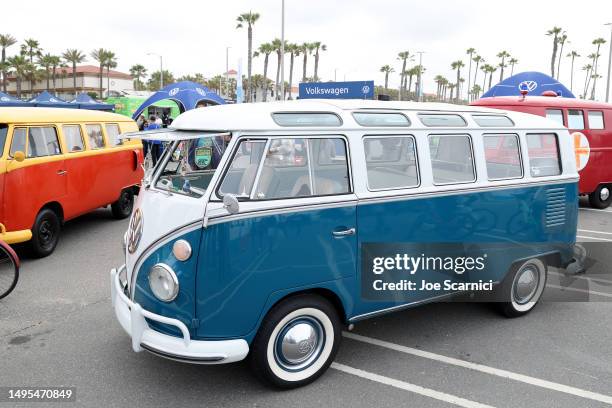 Classic Volkswagen bus is seen on display during the Volkswagen ID. Buzz Global Reveal on June 02, 2023 in Huntington Beach, California.