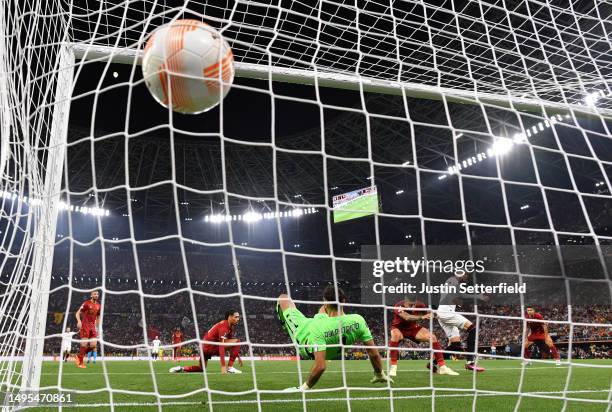 Gianluca Mancini of AS Roma scores an own goal, Sevilla FC's first goal during the UEFA Europa League 2022/23 final match between Sevilla FC and AS...