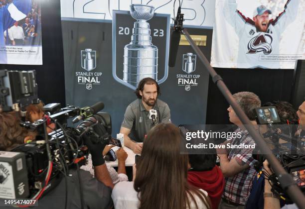 Mark Stone of the Vegas Golden Knights speaks during Media Day for the 2023 NHL Stanley Cup Final at T-Mobile Arena on June 02, 2023 in Las Vegas,...