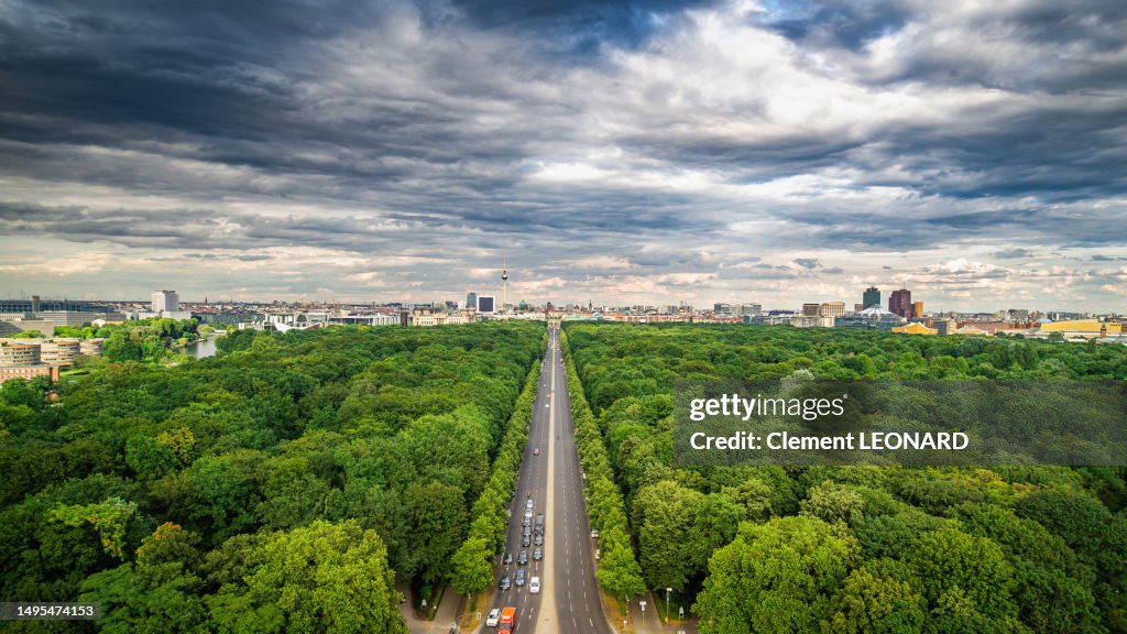 Wide angle view of the Berlin skyline, seen from above with the Tiergarten in the foreground, Central Berlin, Germany.