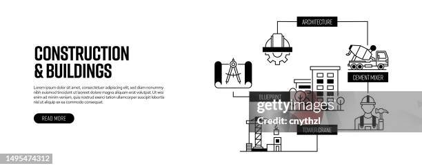 construction and buildings related line banner design. project, architecture, house - construction vehicle stock illustrations