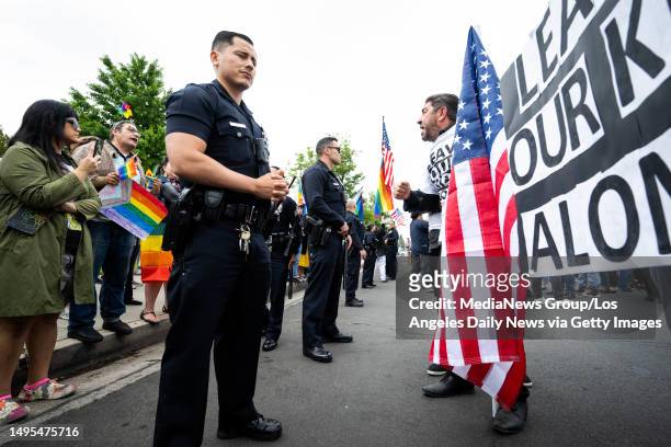 Los Angeles, CA Armenian parents and their supporters protesting a Pride assembly are met by LGBTQ+ advocates at Saticoy Elementary School in North...