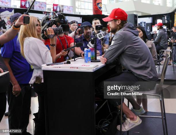 Sergei Bobrovsky of the Florida Panthers is interviewed during Media Day for the 2023 NHL Stanley Cup Final between the Panthers and the Vegas Golden...