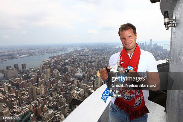 Teemu Tainio of The New York Red Bulls visits The Empire State Building's world famous observatory to promote the Barclays New York Cup Powered By...