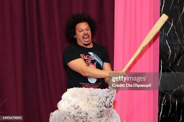 Eric Andre smashes an ice sculpture with a wood bat during "The Eric Andre Show" Hosts "Smash Bash" on June 02, 2023 in New York City.