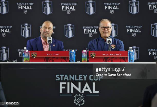 General Manager Bill Zito and head coach Paul Maurice of the Florida Panthers speak during Media Day for the 2023 NHL Stanley Cup Final at T-Mobile...