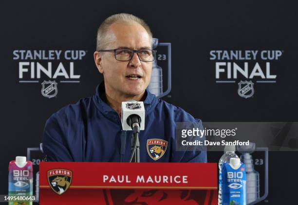 Head coach Paul Maurice of the Florida Panthers speaks during Media Day for the 2023 NHL Stanley Cup Final at T-Mobile Arena on June 02, 2023 in Las...