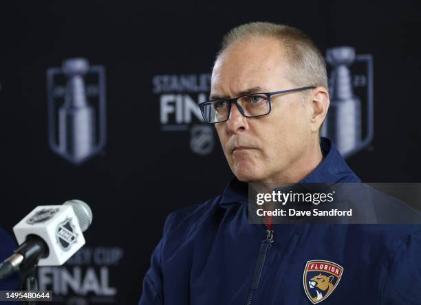 Head coach Paul Maurice of the Florida Panthers speaks during Media Day for the 2023 NHL Stanley Cup Final at T-Mobile Arena on June 02, 2023 in Las...