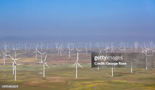 Wind turbines near the small town of Rio Vista, located along the Sacramento River and Highway 12, are viewed from the air on May 22 over Rio Visto,...