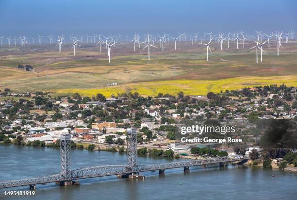 The small town of Rio Vista, located along the Sacramento River and Highway 12, is viewed from the air on May 22 over Rio Visto, California. The...