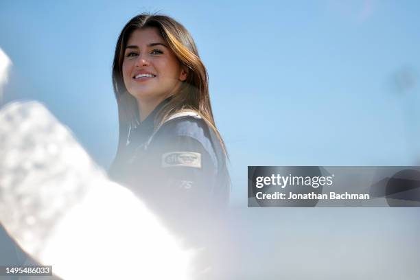 Hailie Deegan, driver of the Ford Performance Ford, looks on during practice for the NASCAR Craftsman Truck Series Toyota 200 at WWT Raceway on June...