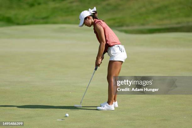 Katie Li of Canada putts on the 15th green during the second round of the Mizuho Americas Open at Liberty National Golf Club on June 2, 2023 in...